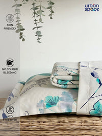 URBAN SPACE Serene Turquoise Blue Floral Cotton 200 TC Single Bedsheet & 1 Pillow Cover