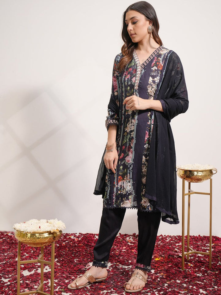 Vishudh Blue Floral Printed Regular Thread Work Kurta with Trousers & Dupatta