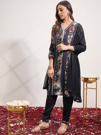 Vishudh Blue Floral Printed Regular Thread Work Kurta with Trousers & Dupatta