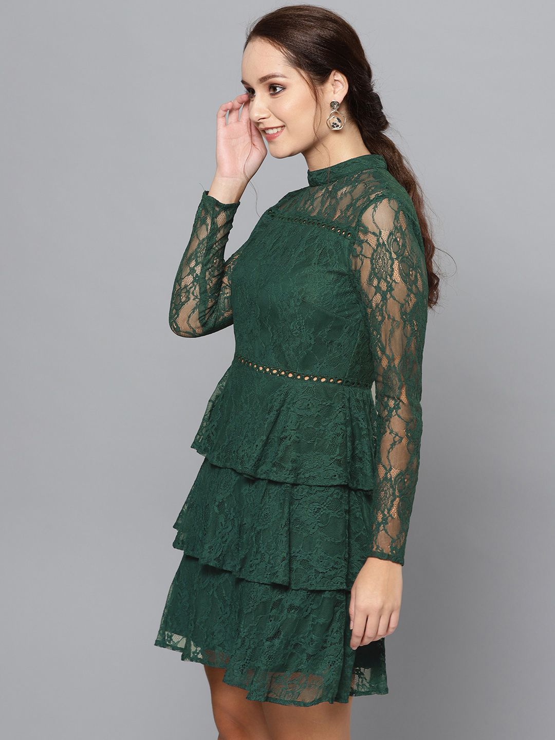 STREET 9 Women Teal Green Lace Layered A-Line Dress