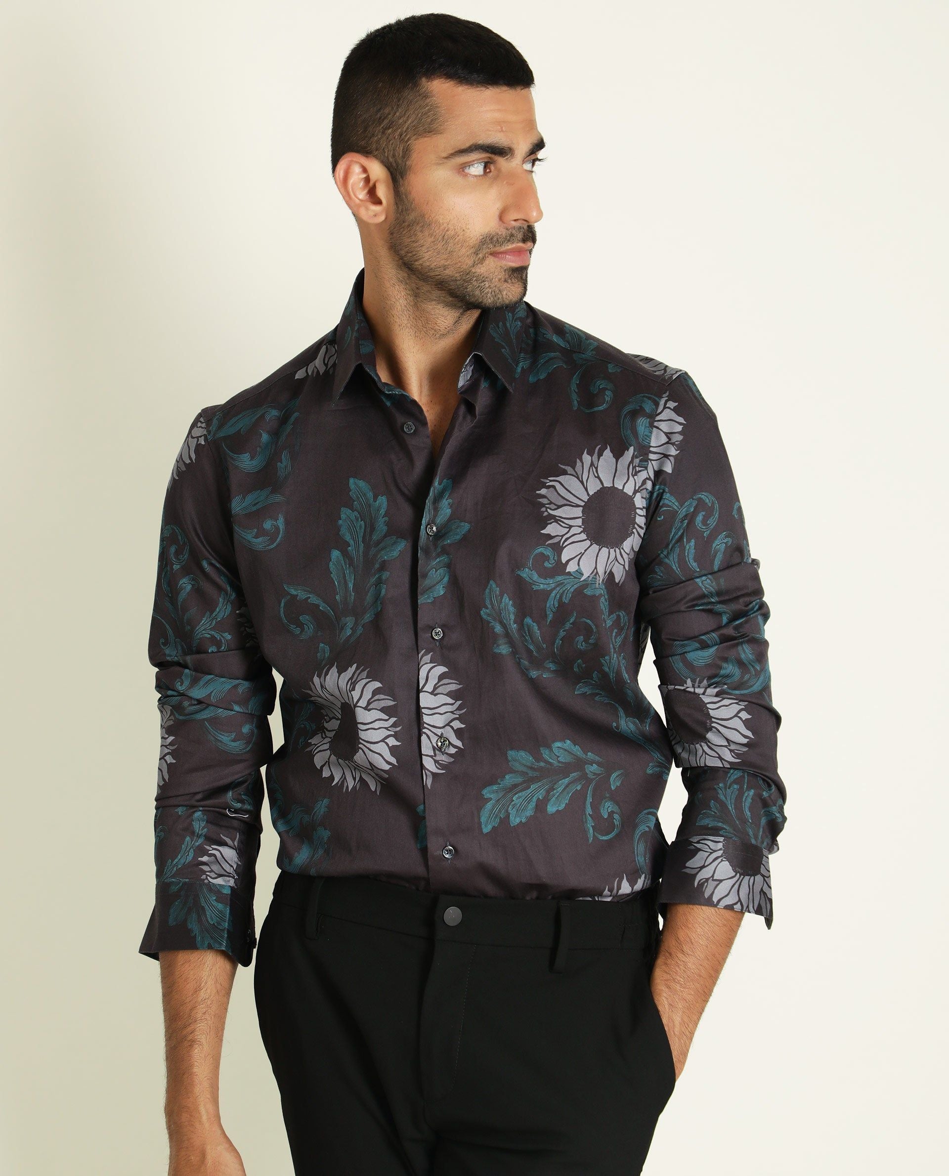 RARE RABBIT Men Silbon Floral Printed Slim Fit Cotton Shirt