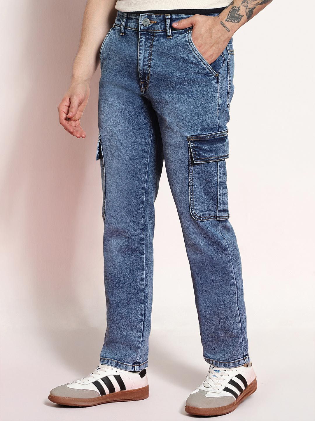 Urbano Fashion Men Light Blue Regular Fit Washed Cargo Jeans With 6 Pockets Stretchable