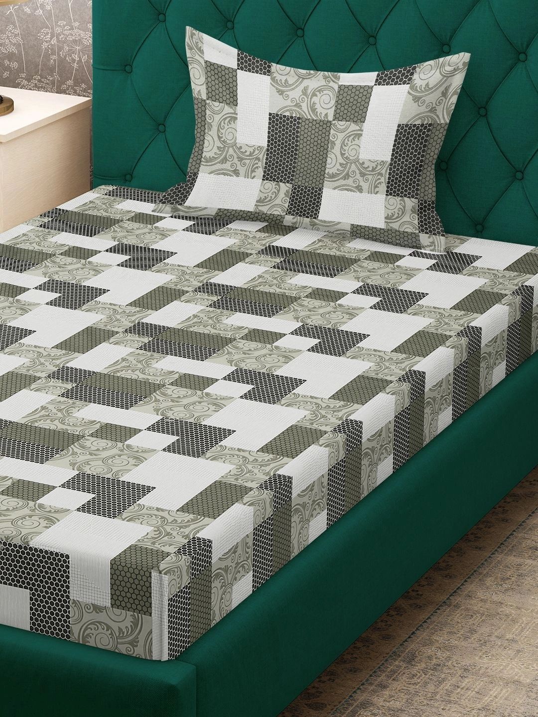 Myntra Elegant Homes Hijau Zaitun & Putih Geometrik 400 TC Cadar Tempat Tidur Single dengan 1 Sarung Bantal