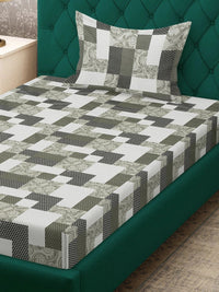 Myntra Elegant Homes Hijau Zaitun & Putih Geometrik 400 TC Cadar Tempat Tidur Single dengan 1 Sarung Bantal