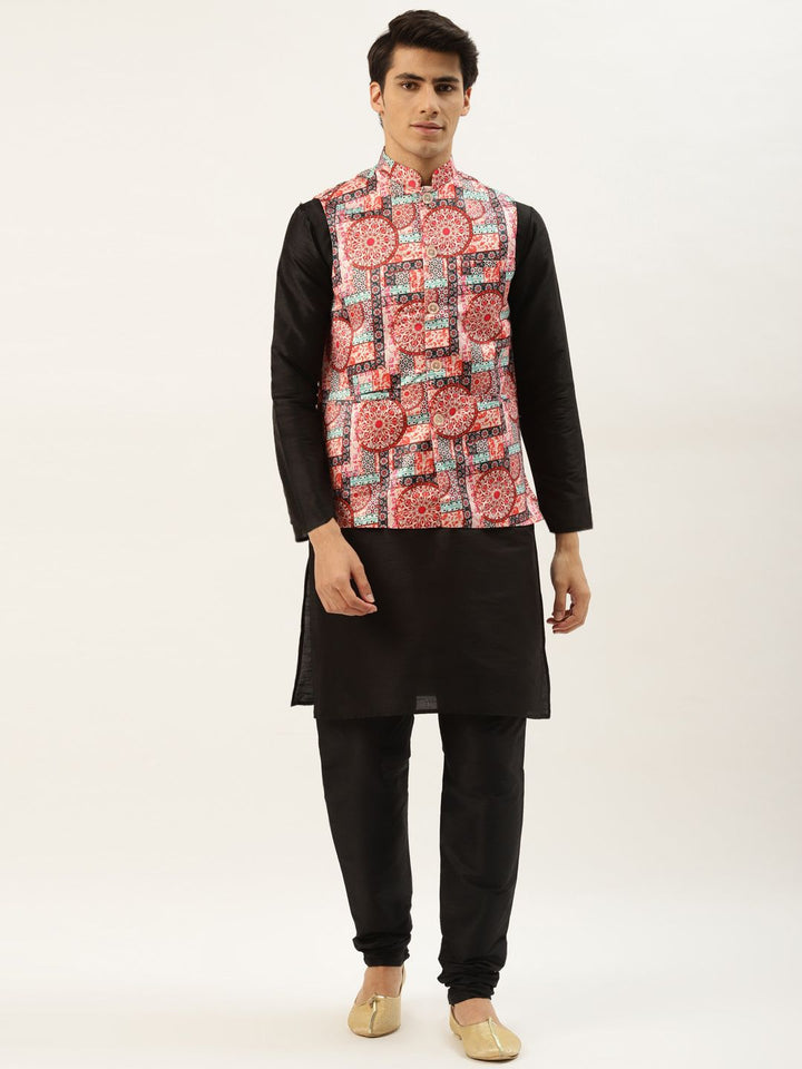SOJANYA Men Black Kurta with Churidar & Nehru Jacket