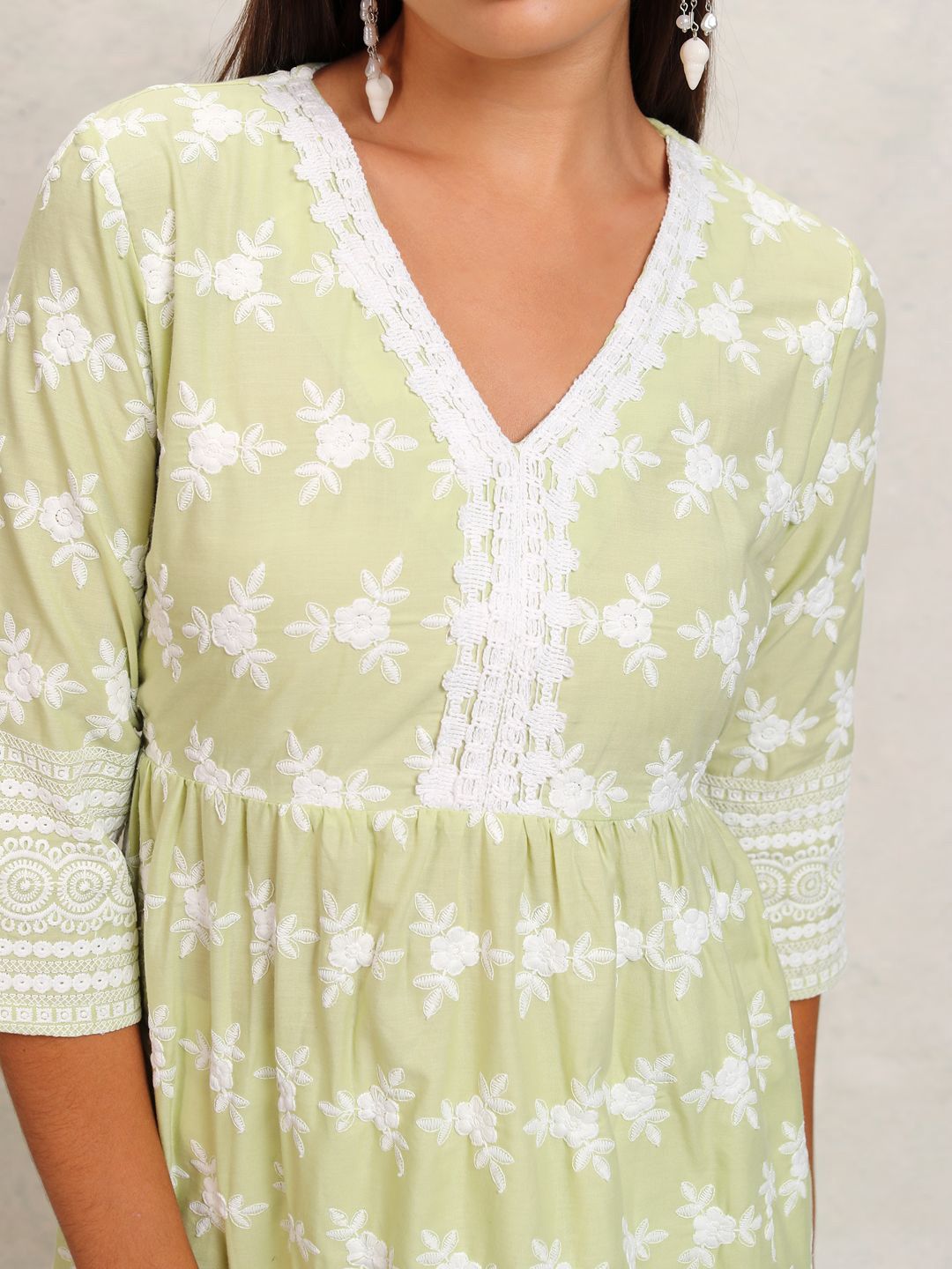 Vishudh Lime Green Floral Embroidered Thread Work Pleated A-Line Kurta
