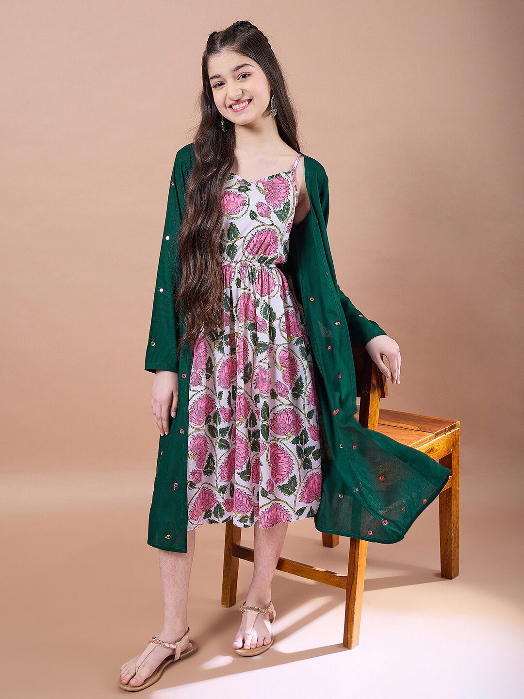 pspeaches Girls Floral Print Square Neck Empire Cotton Midi Dress