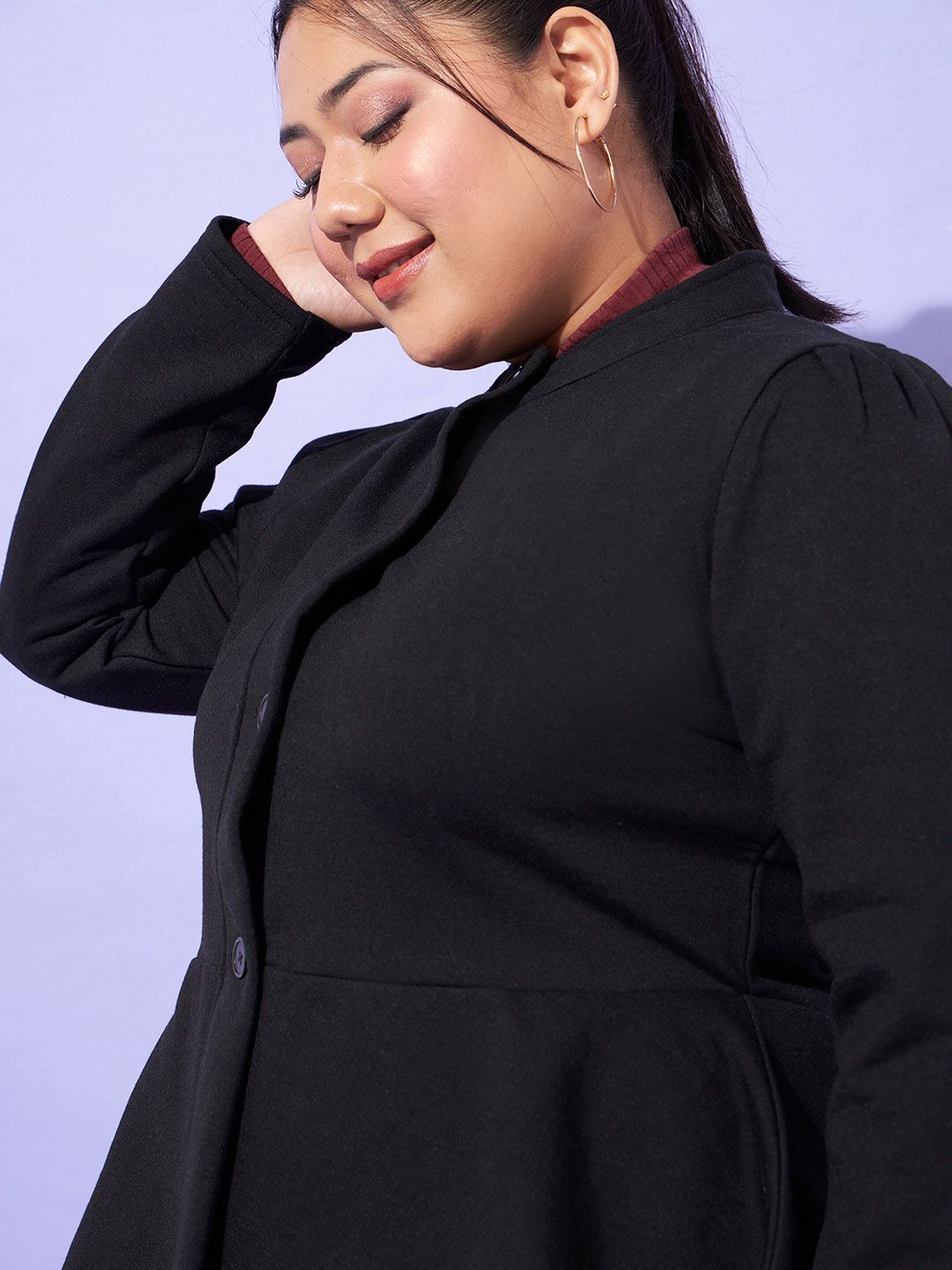 SASSAFRAS Curve Plus Size Black Mandarin Collar Tailored Jacket