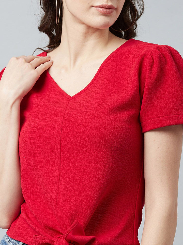 Athena Red Knotted Top With Puff Sleeves