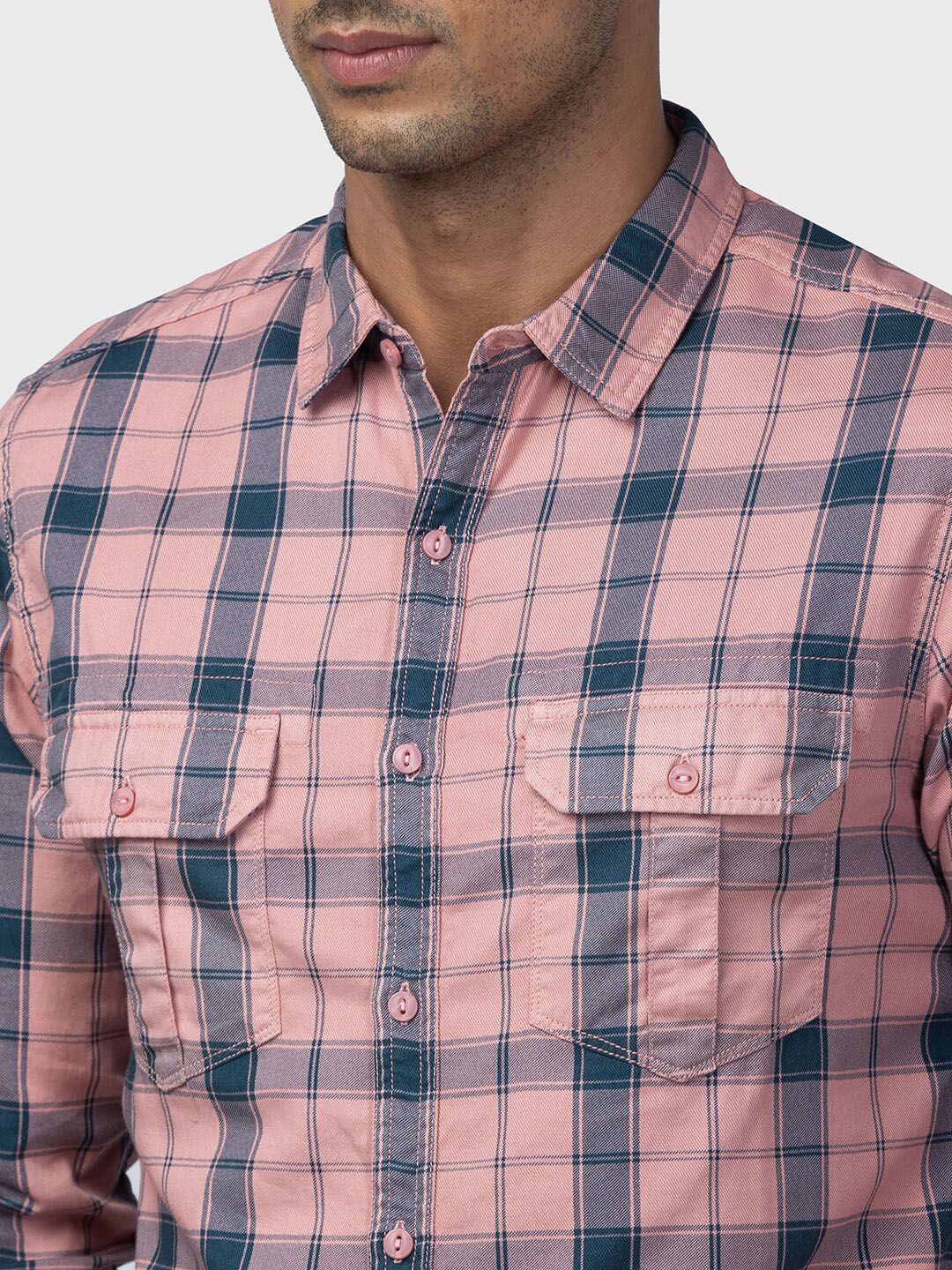 Spykar Men Slim Fit Tartan Memeriksa Baju Kapas Kasual