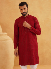 SOJANYA Motif Etnik Bersulam Labuci Lengan Panjang Kurta Kapas Tulen Lurus