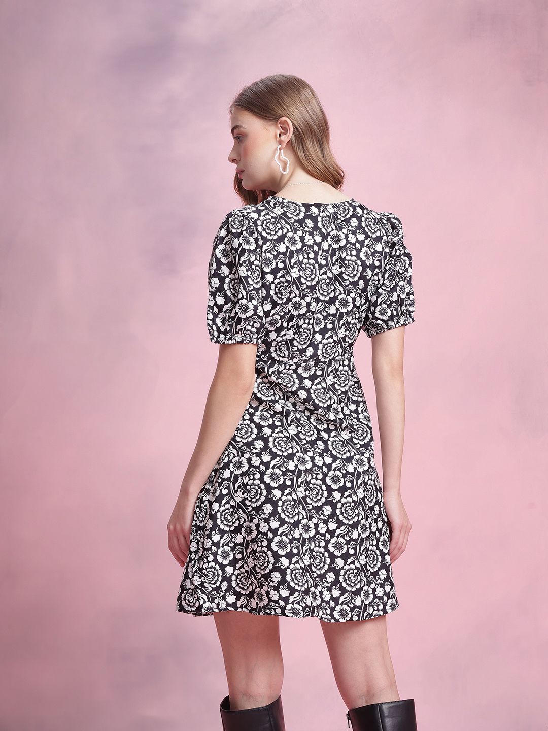 DressBerry Floral Print Puff Sleeve A-Line Dress