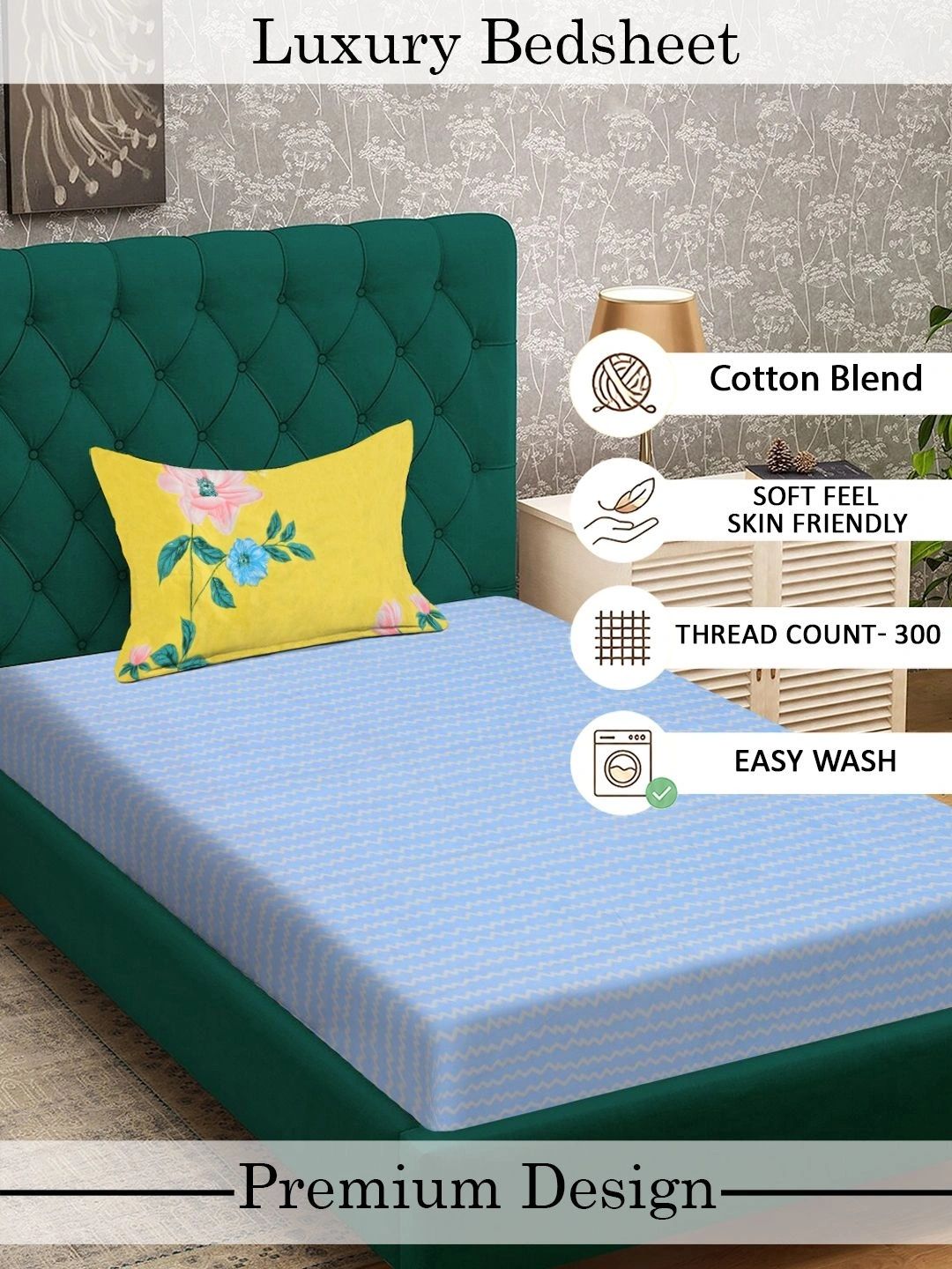 Myntra Elegant Homes Blue 300 TC Single Bedsheet with 1 Pillow Covers
