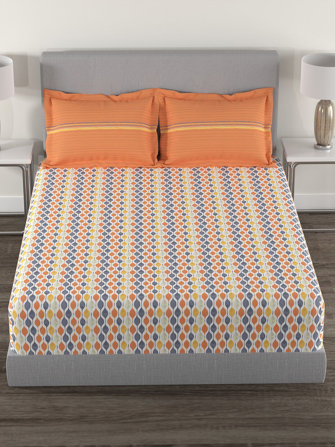 MYTRIDENT Orange  White Geometric Cotton 144 TC Queen Bedsheet With 2 Pillow Covers