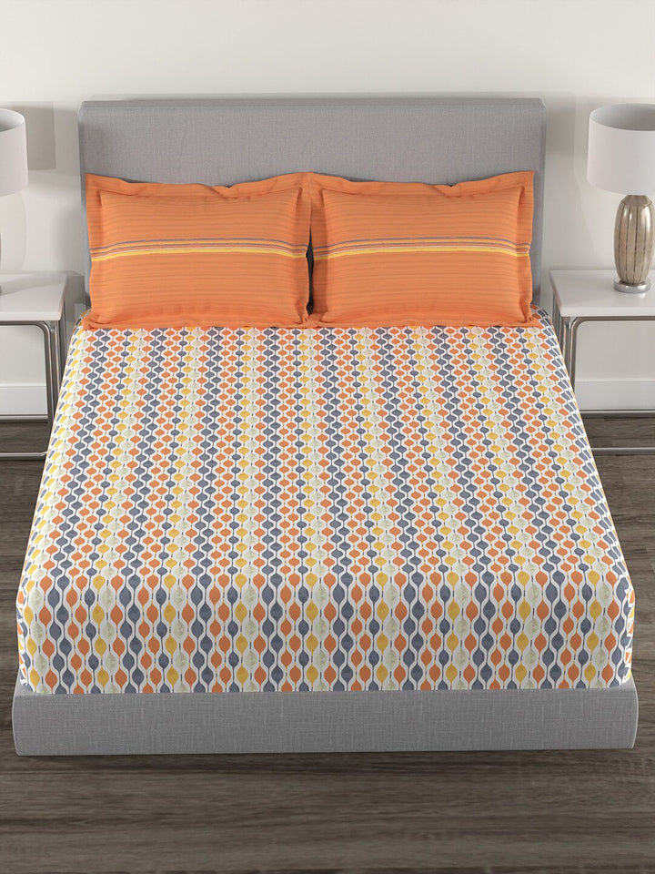 MYTRIDENT Orange  White Geometric Cotton 144 TC Queen Bedsheet With 2 Pillow Covers