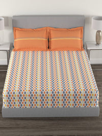 MYTRIDENT Orange  White Geometric Cotton 144 TC Queen Bedsheet With 2 Pillow Covers