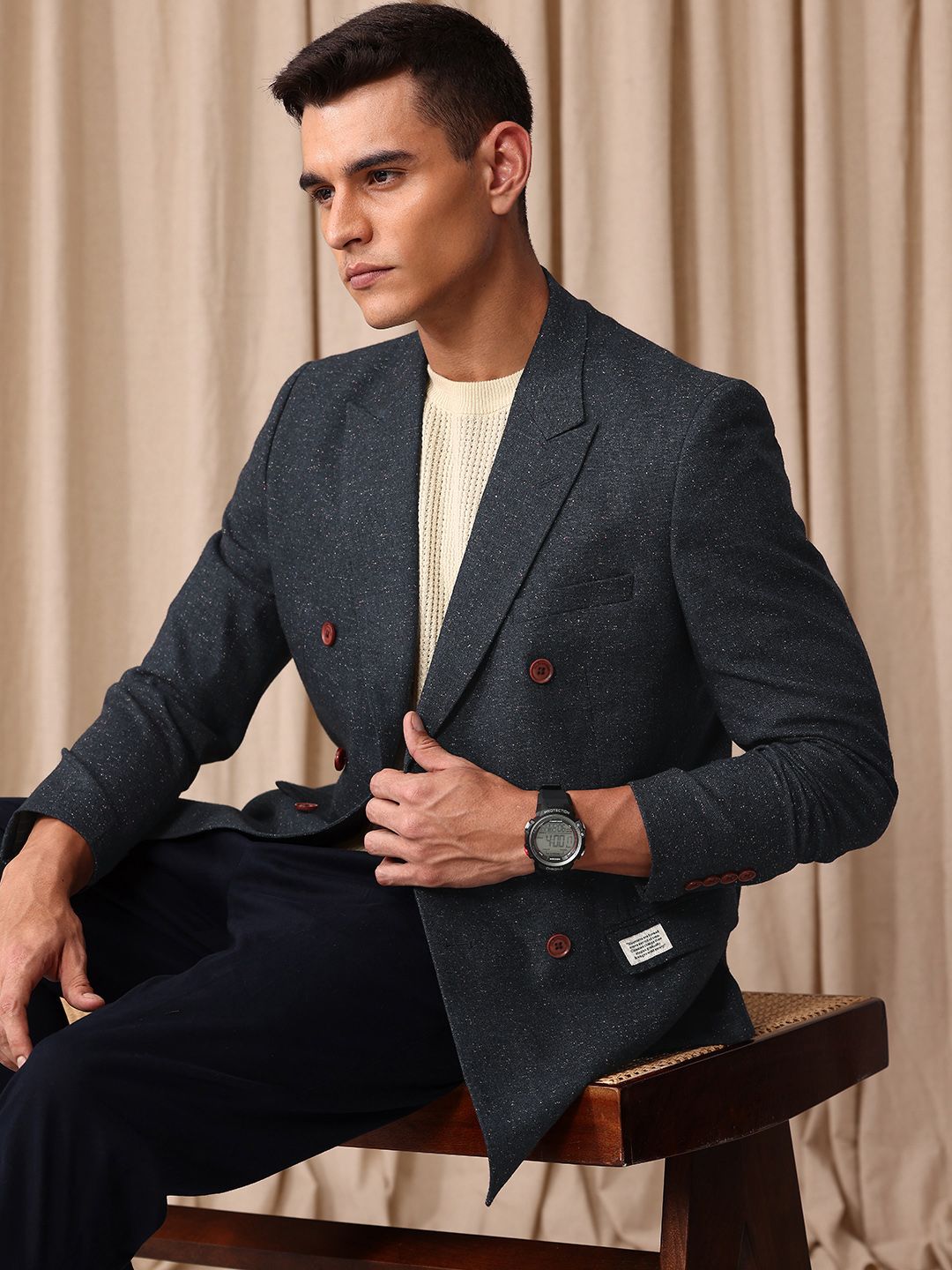 Mr Bowerbird Self Design Tailored Fit Double Breasted Casual Blazer