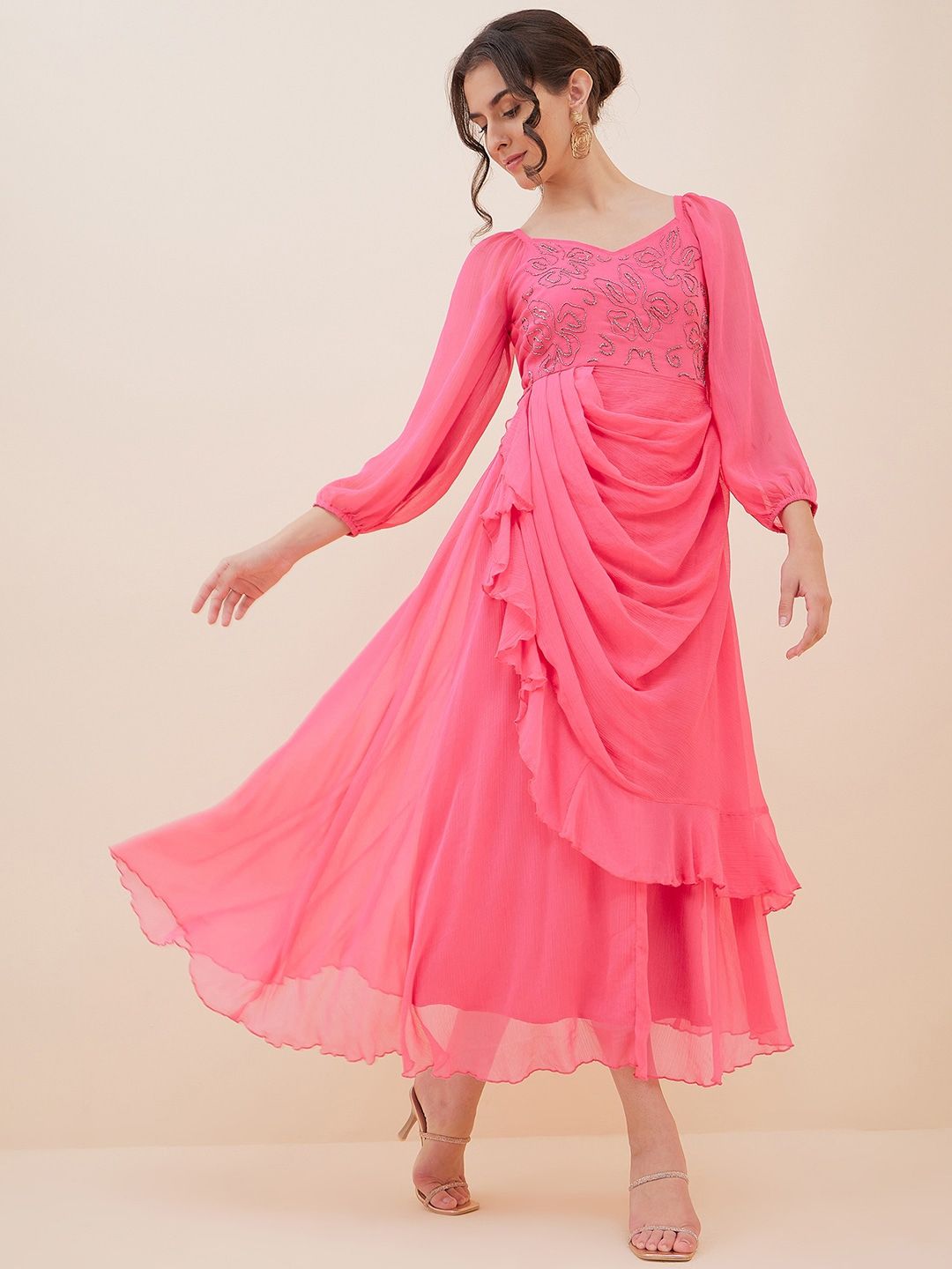 Antheaa Embellished Layered Chiffon Fit and Flare Maxi Dress