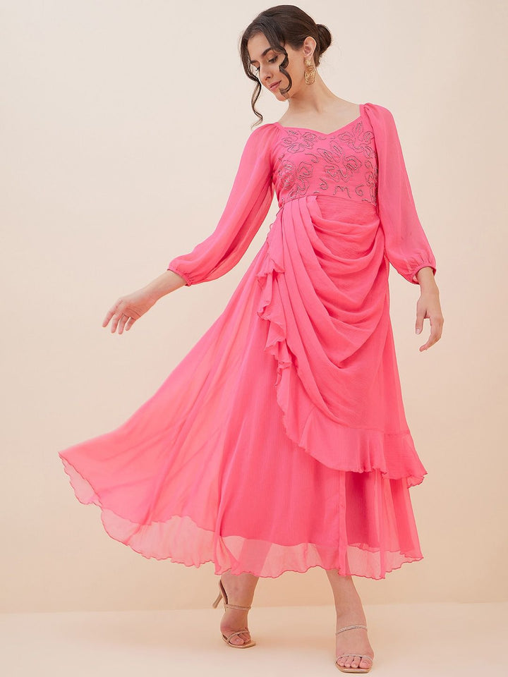Antheaa Embellished Layered Chiffon Fit and Flare Maxi Dress