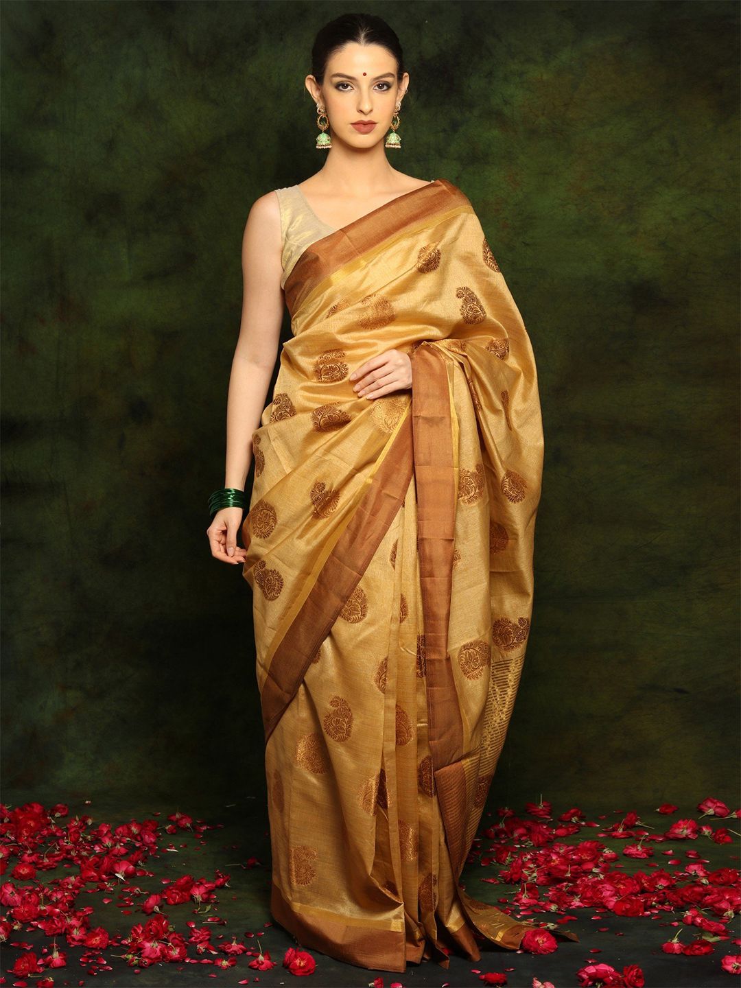 Exotic India Golden Art Silk Saree with Golden Stripes and Traditional Paisley Motifs