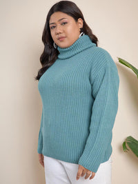 CURVY STREET Plus Size Ribbed Turtle Neck Pure Acrylic Pullover