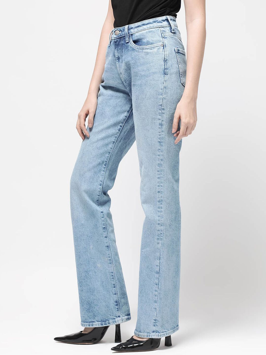 RAREISM Women Comfort Straight Fit High-Rise Clean Look Heavy Fade Cotton Jeans