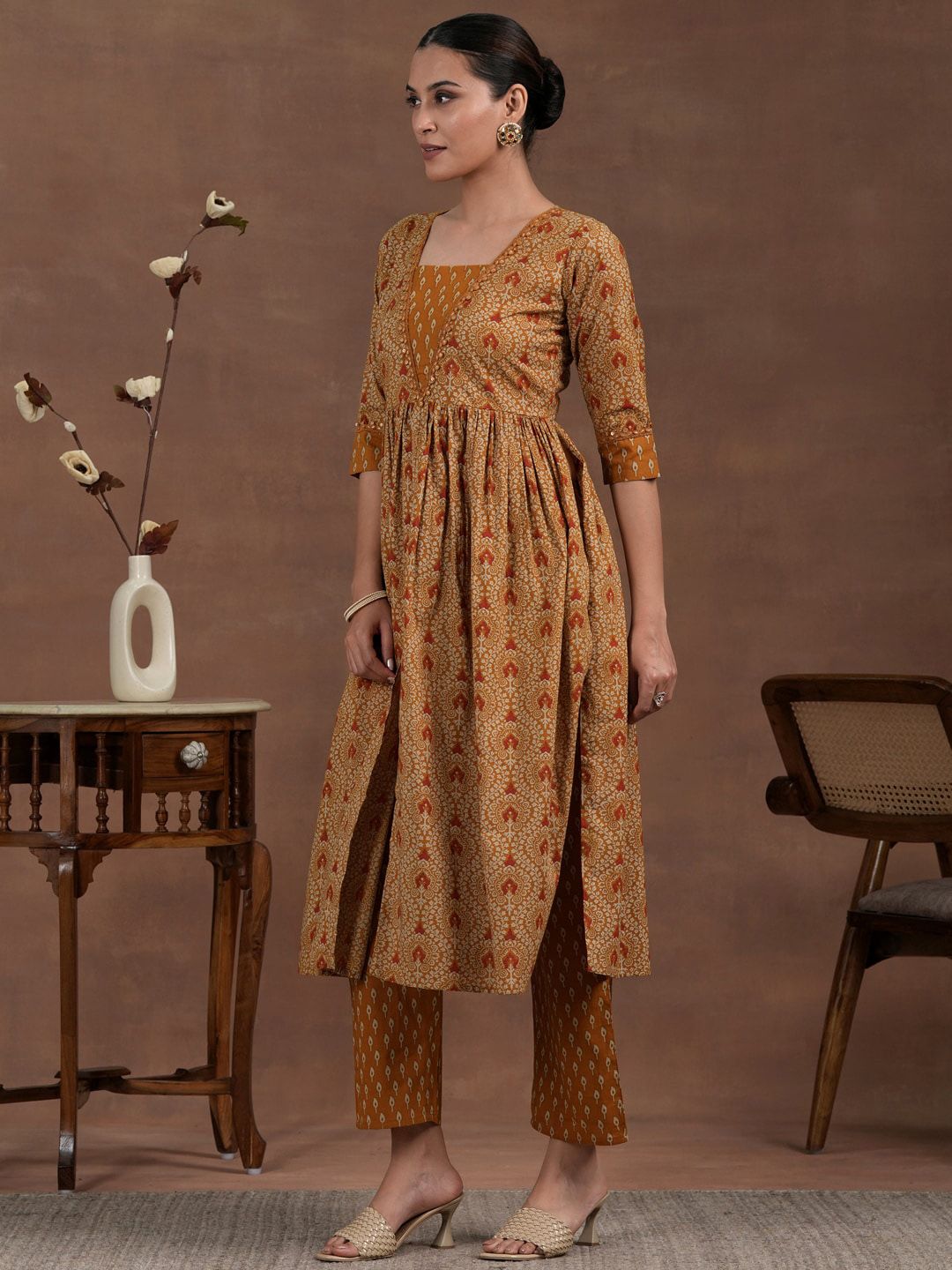 Libas Women Ethnic Motifs Printed Pleated Sequinned Pure Cotton Kurta with Palazzos