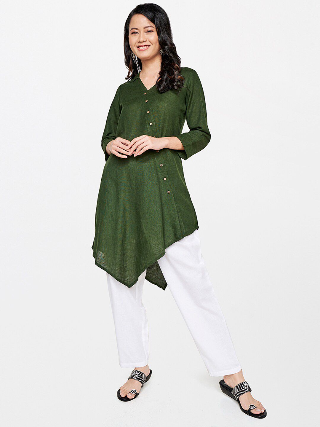 Global Desi Olive Green Viscose Rayon Shirt Collar Tunic