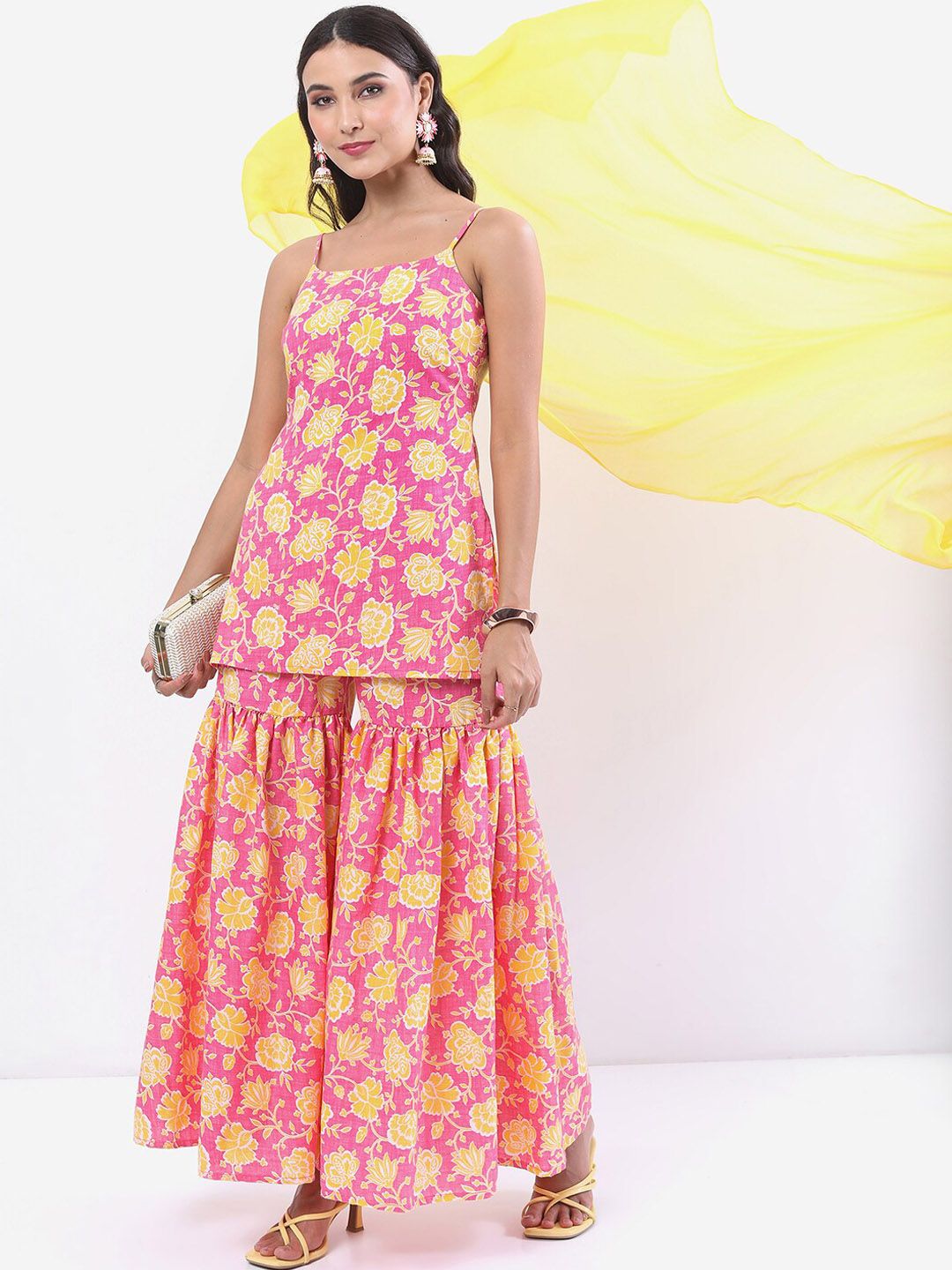 Vishudh Pink &amp; Yellow Floral Printed Shoulder Straps Kurti With Sharara &amp; Dupatta