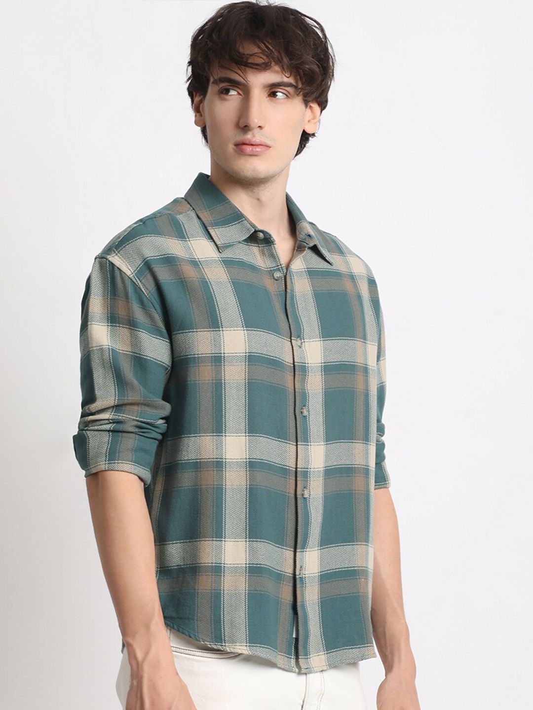 THE BEAR HOUSE Checked Spread Collar Relaxed Fit Pure Cotton Casual Shirt