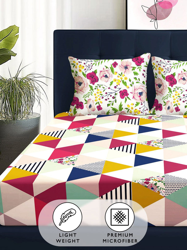 Story@home  Arena Pink & Green Geometric Printed 180 TC Queen Bedsheet & 2 Pillow Covers