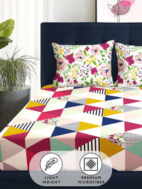 Story@home  Arena Pink & Green Geometric Printed 180 TC Queen Bedsheet & 2 Pillow Covers