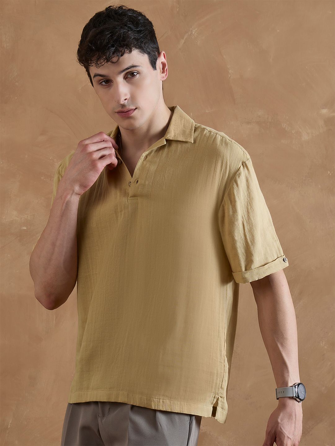 DENNISON Men Oversized Fit Solid Cuban Collar Casual Shirt