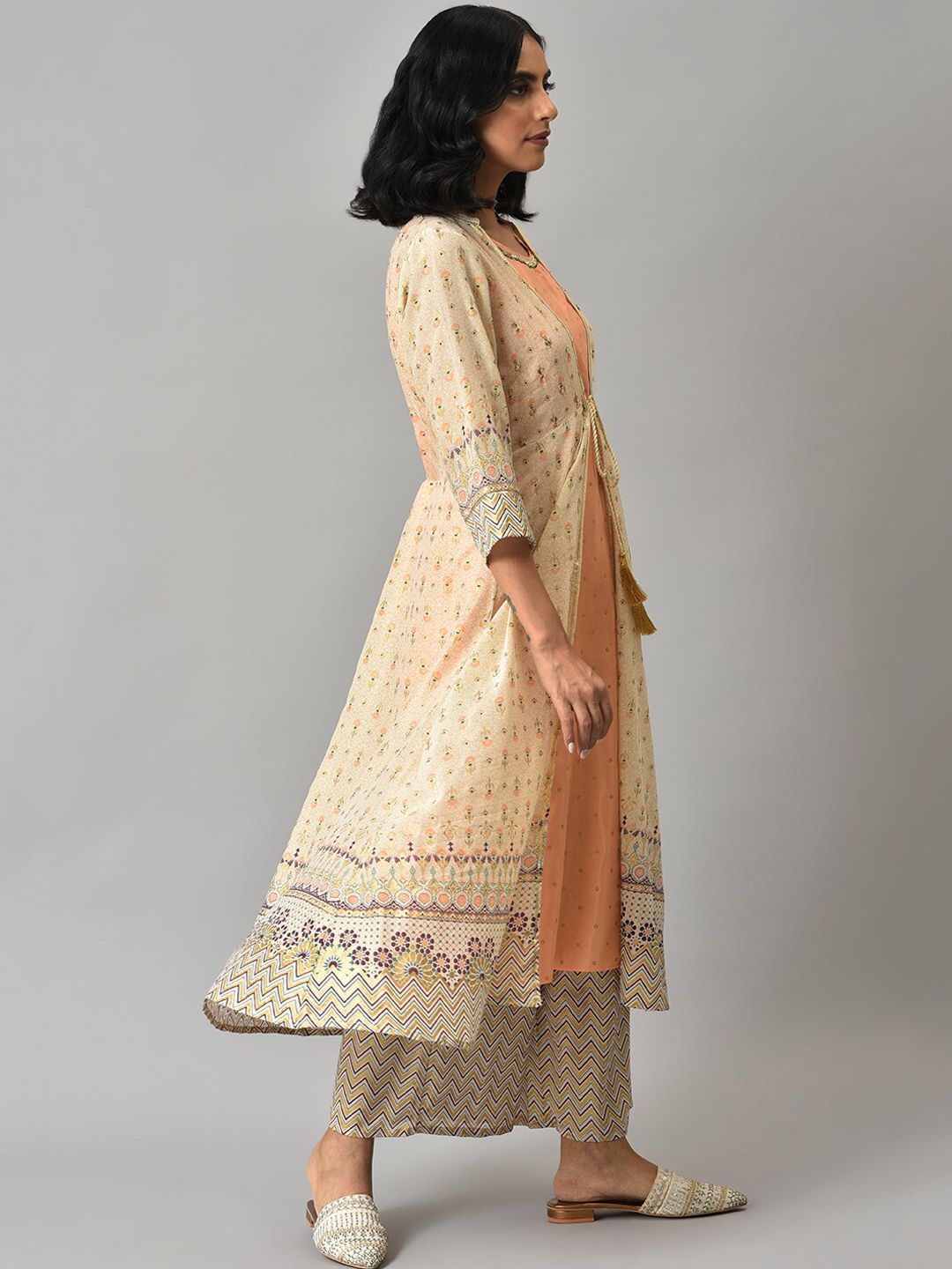 Aurelia Women Beige Geometric Print Poly Voile Kurta Set with Palazzos & Shrug