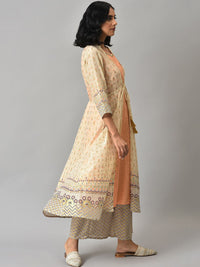 Aurelia Women Beige Geometric Print Poly Voile Kurta Set with Palazzos & Shrug
