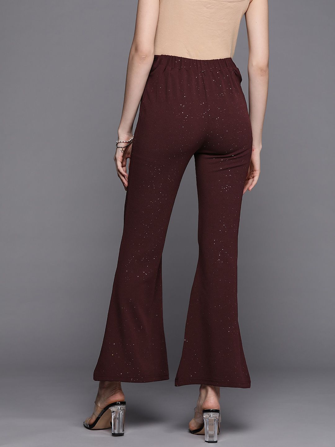 SASSAFRAS Women Burgundy Solid Slim Fit Shimmer Twisted Bootcut Trousers