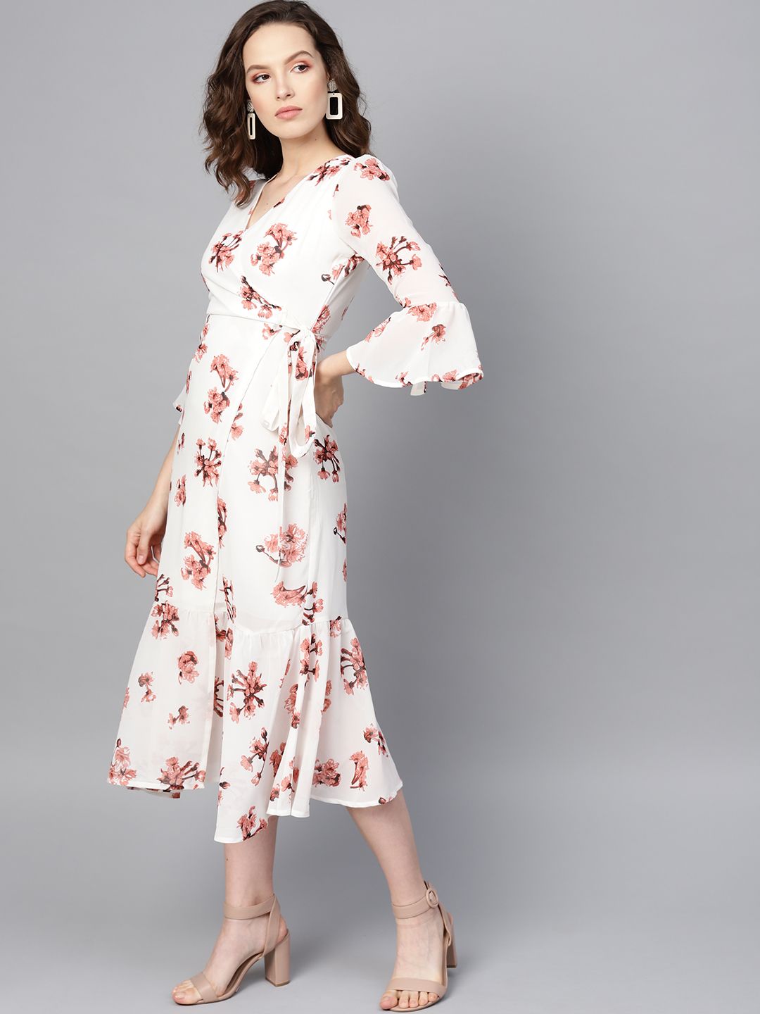 SASSAFRAS White & Pink Floral Print Wrap Dress