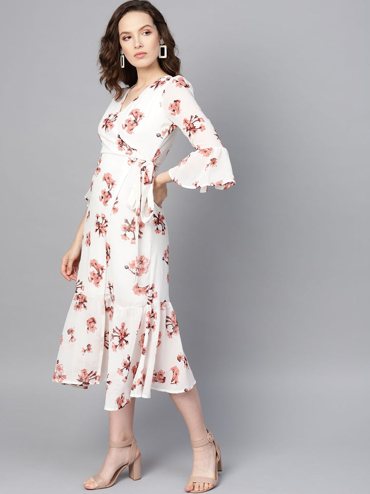 SASSAFRAS White & Pink Floral Print Wrap Dress
