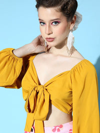 Berrylush Women Stylish Mustard Solid Wrap It Up Top