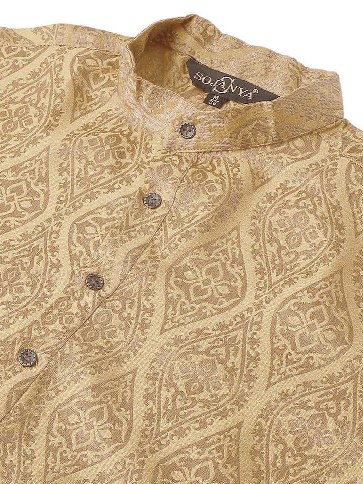 Sojanya Men Beige & Golden Ethnic Motifs Jacquard Kurta
