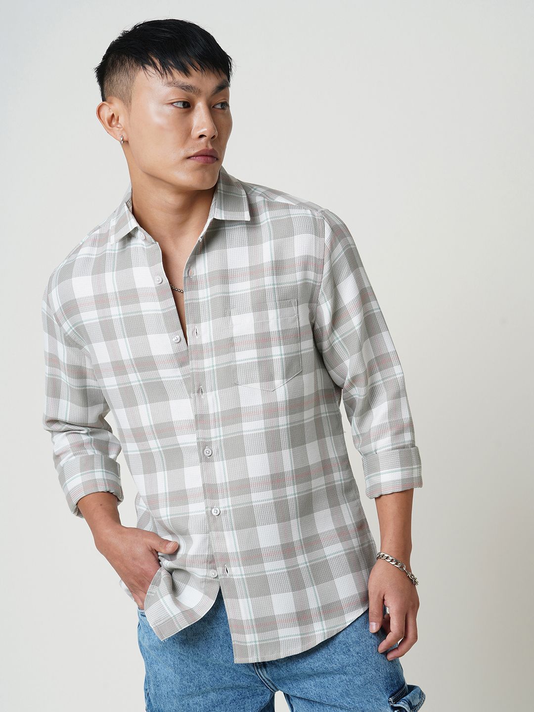 VASTRADO Men Classic Spread Collar Checked Cotton Slim Fit Casual Shirt