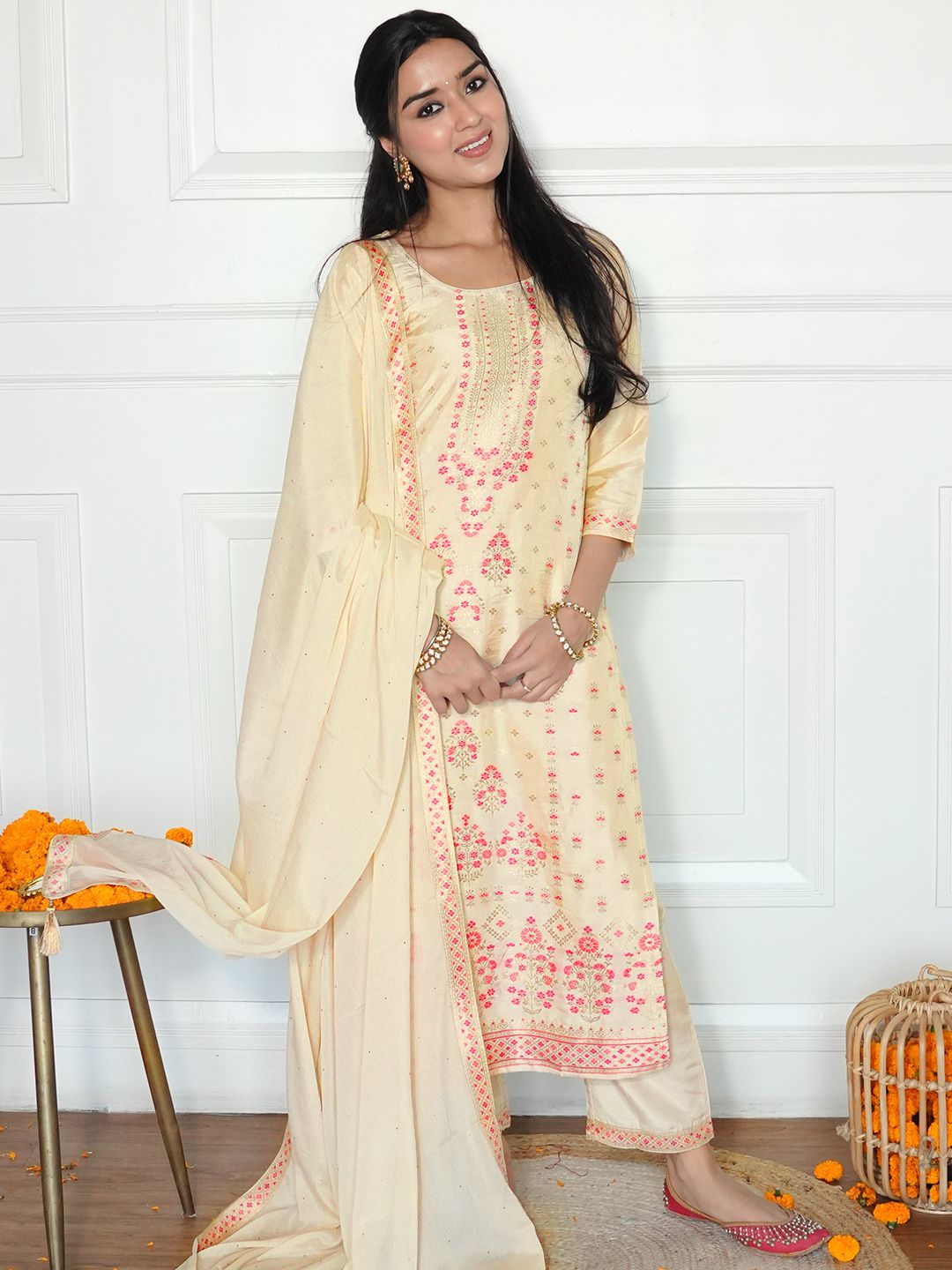 Libas Beige Floral Woven Design Kurta with Trousers & With Dupatta