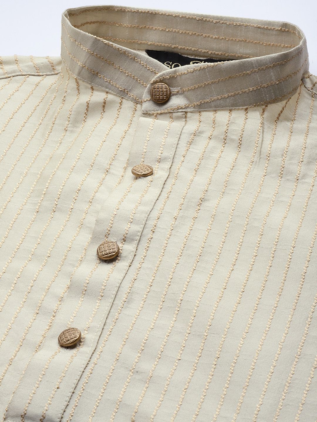 SOJANYA Lelaki Benang Berjalur Berwarna Krim Bekerja Lurus Kurta Churidar & Jaket Nehru