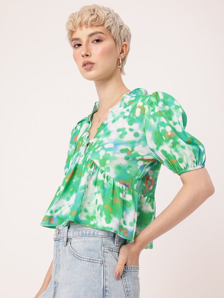 DressBerry Girly Charm Puff Sleeves Gathers Printed A-Line Crop Top