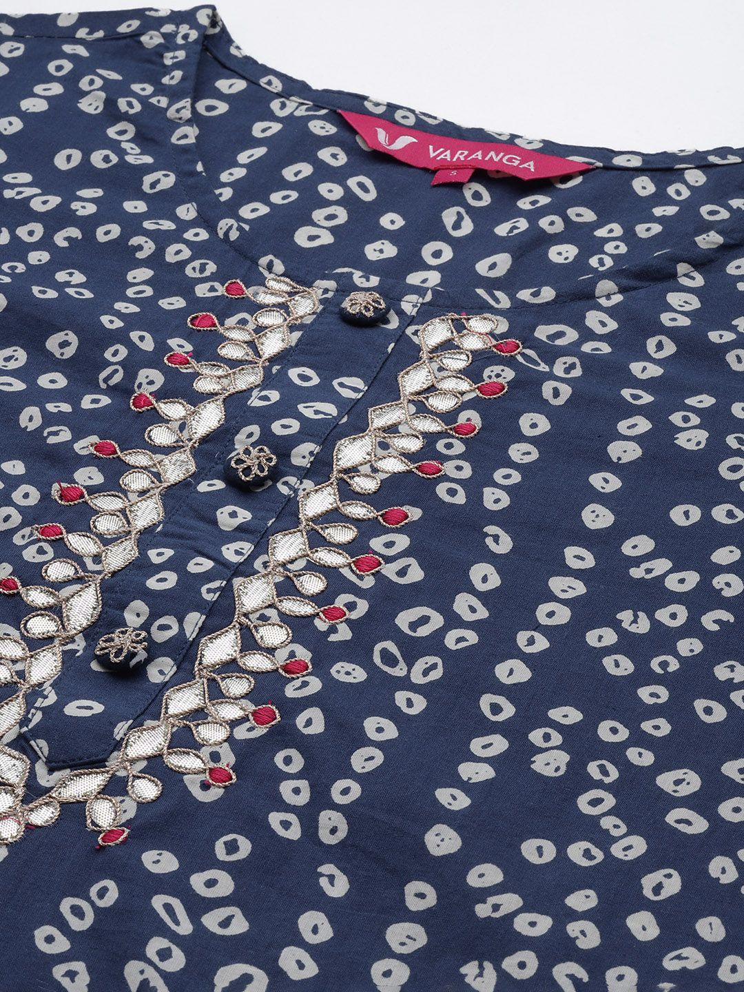 Varanga Women Blue & White Bandhani Printed Gotta Patti Straight Cotton Kurta