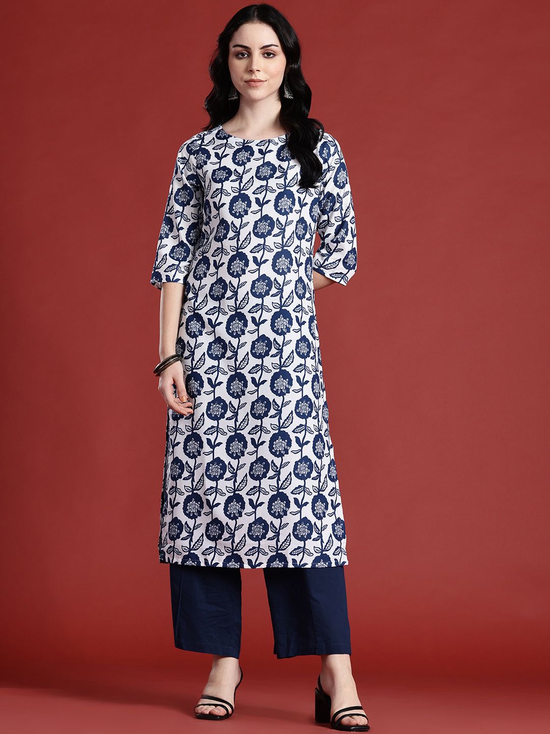 Anouk Floral Printed Boat Neck Straight Kurta