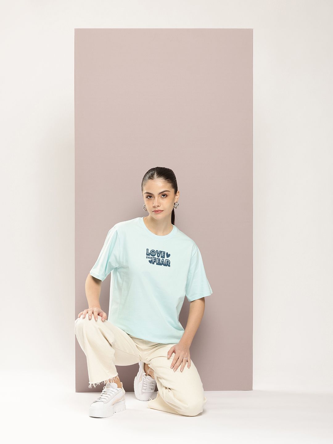 DILLINGER Women Typography Printed Embossed Oversized T-shirt