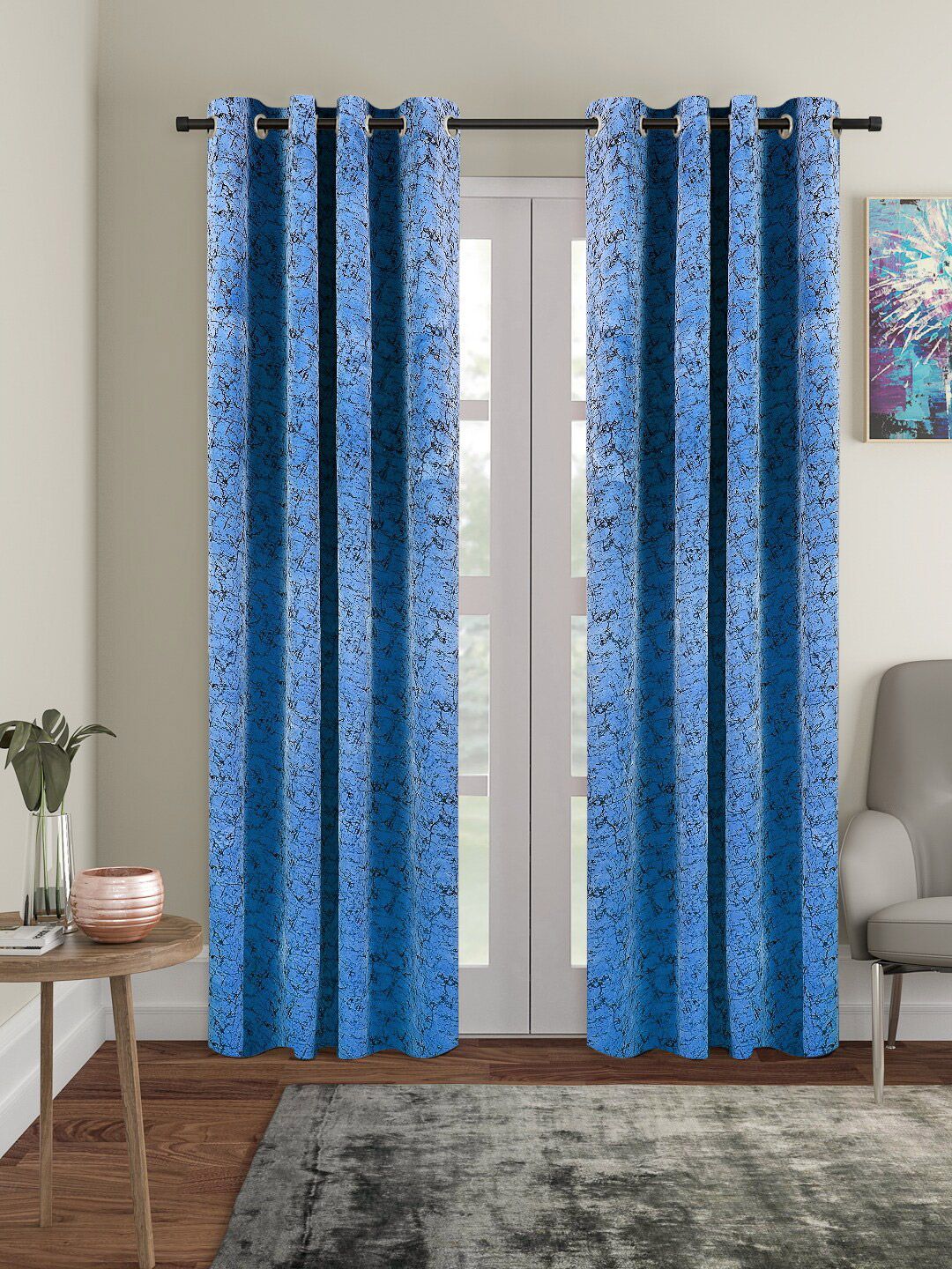 Cortina Blue & Black 2 Pieces Printed Room Darkening Velvet Long Door Curtains