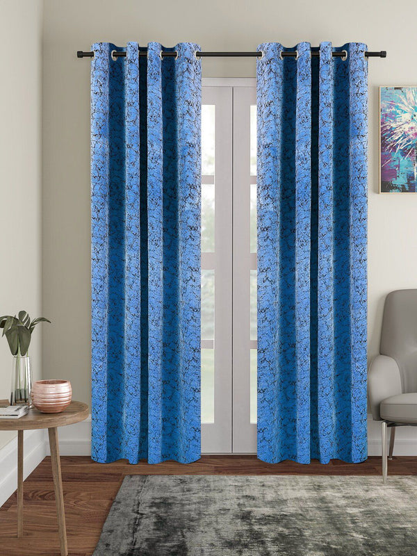 Cortina Blue & Black 2 Pieces Printed Room Darkening Velvet Long Door Curtains
