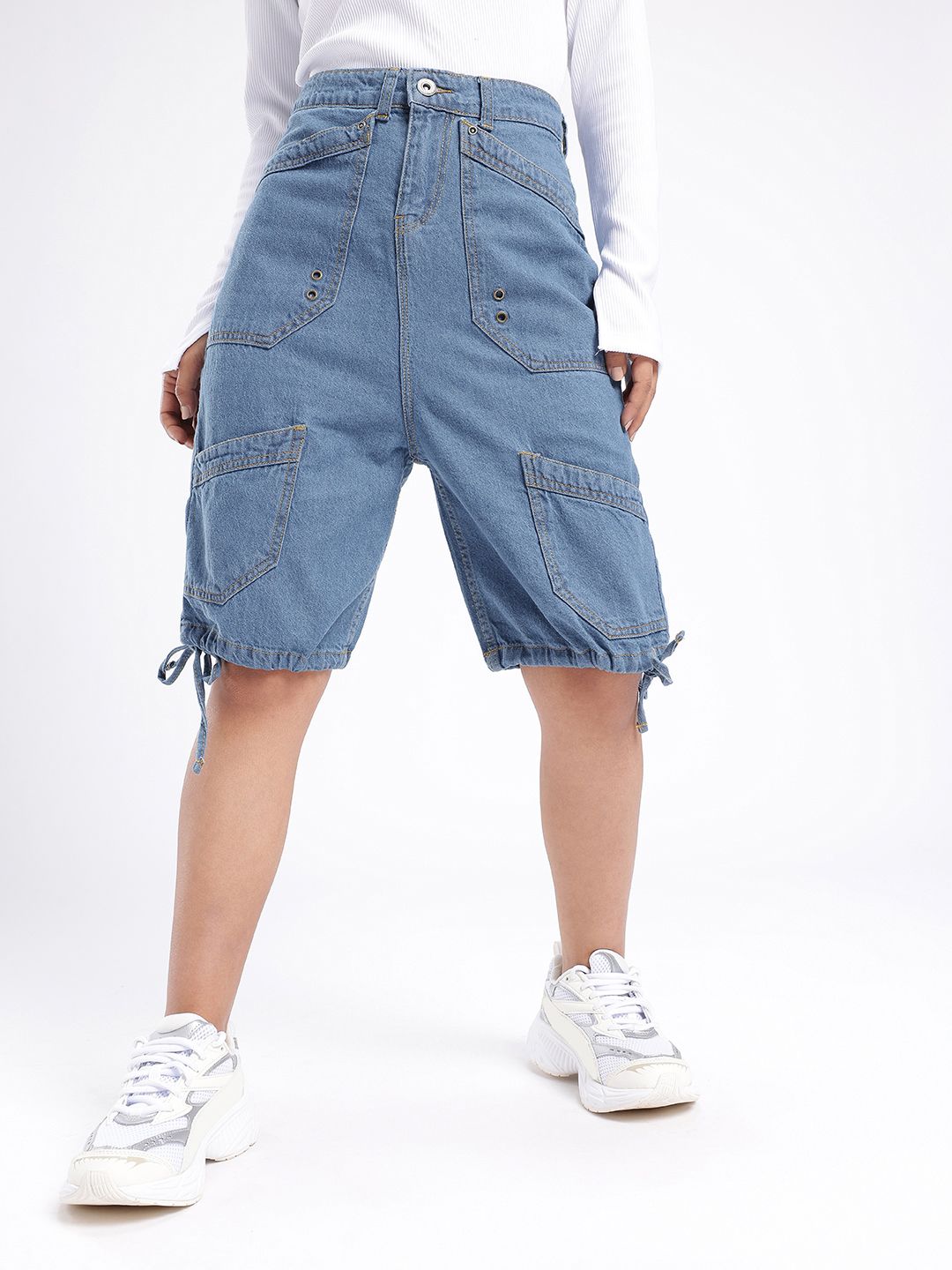 DressBerry Women Street Cool High-Rise Knee Length Denim Cargo Shorts